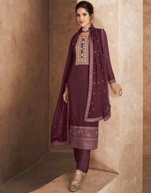 Faux Georgette Wine Suit Suit Chudidar Bottom