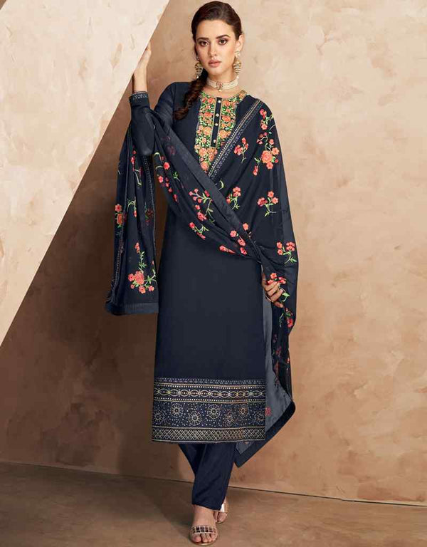 Faux Georgette Navy Blue Suit Suit Chudidar Bottom