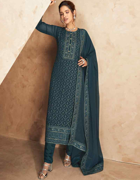 Faux Georgette Teal Suit Suit Chudidar Bottom