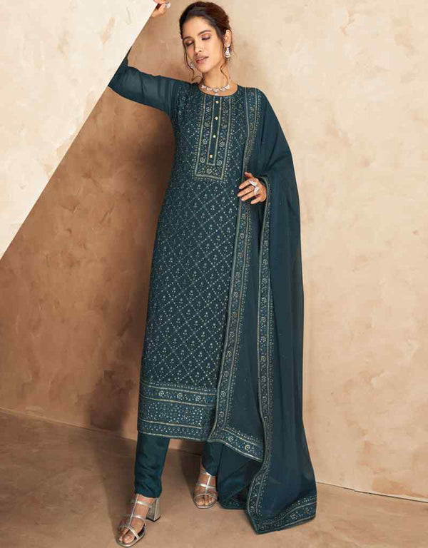 Faux Georgette Teal Suit Suit Chudidar Bottom