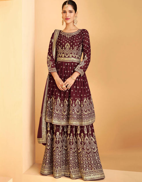 Faux Georgette Maroon Suit Suit Sharara Bottom