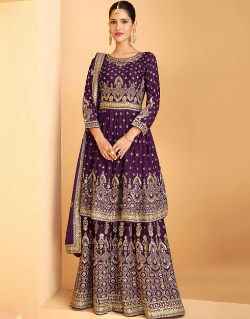 Faux Georgette Purple Suit Suit Sharara Bottom
