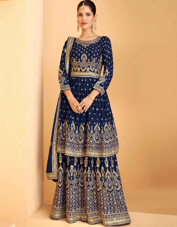 Faux Georgette Blue Suit Suit Sharara Bottom