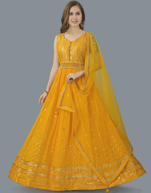Golden Bell Gown style Gown Full-Stitched Designer Gown Salwar Kameez in Heavy Sequins Embroidery & Lace Work