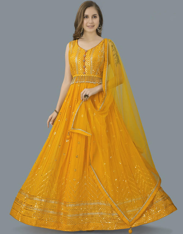 Golden Bell Gown style Gown Full-Stitched Designer Gown Salwar Kameez in Heavy Sequins Embroidery & Lace Work