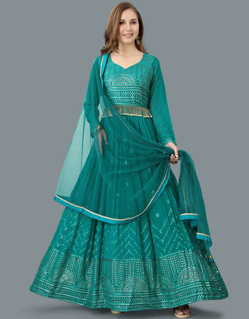 Elf Green Gown style Gown Full-Stitched Designer Gown Salwar Kameez in Heavy Sequins Embroidery & Lace Work