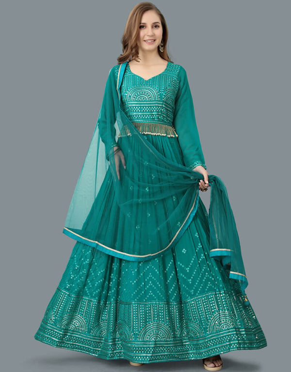 Elf Green Gown style Gown Full-Stitched Designer Gown Salwar Kameez in Heavy Sequins Embroidery & Lace Work