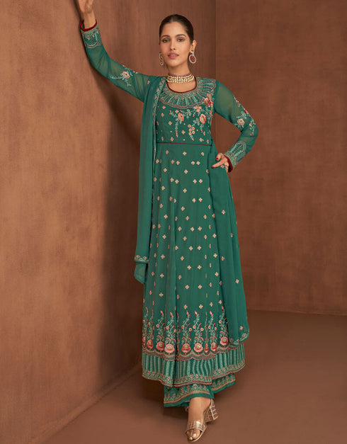 Real Georgette Teal Green Suit Suit Sharara Bottom