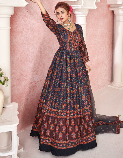 Navy Blue Dola Silk Anarkali Suit Closure View