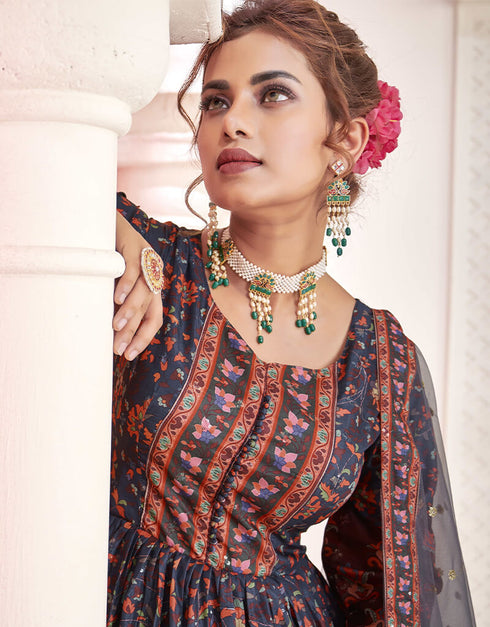 Navy Blue Dola Silk Anarkali Suit Back View