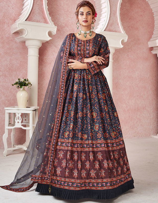 Navy Blue Dola Silk Anarkali Suit