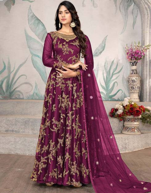 Velvet Maroon Pant style Anarkali Semi-Stitch Salwar Kameez in Embroidered, Beeds & Lace Work