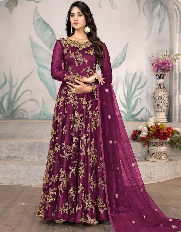 Velvet Maroon Pant style Anarkali Semi-Stitch Salwar Kameez in Embroidered, Beeds & Lace Work