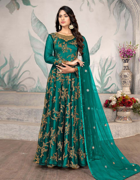 Teal Green Pant style Anarkali Semi-Stitch Salwar Kameez in Embroidered, Beeds & Lace Work