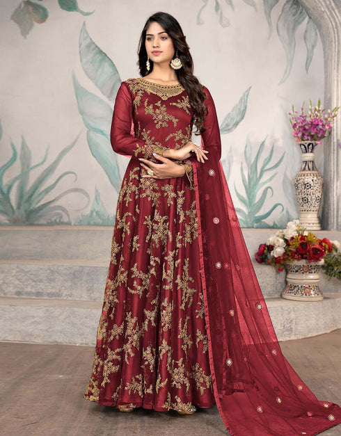 Wine Pant style Anarkali Semi-Stitch Salwar Kameez in Embroidered, Beeds & Lace Work