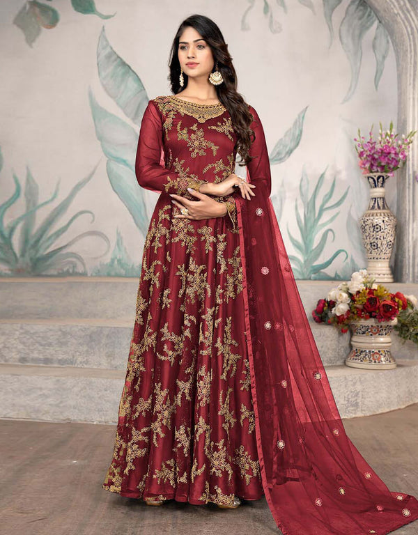 Wine Pant style Anarkali Semi-Stitch Salwar Kameez in Embroidered, Beeds & Lace Work