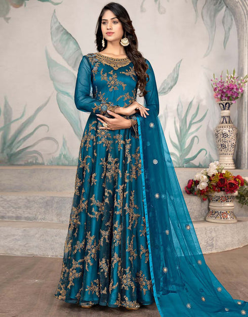 Deep Teal Pant style Anarkali Semi-Stitch Salwar Kameez in Embroidered, Beeds & Lace Work