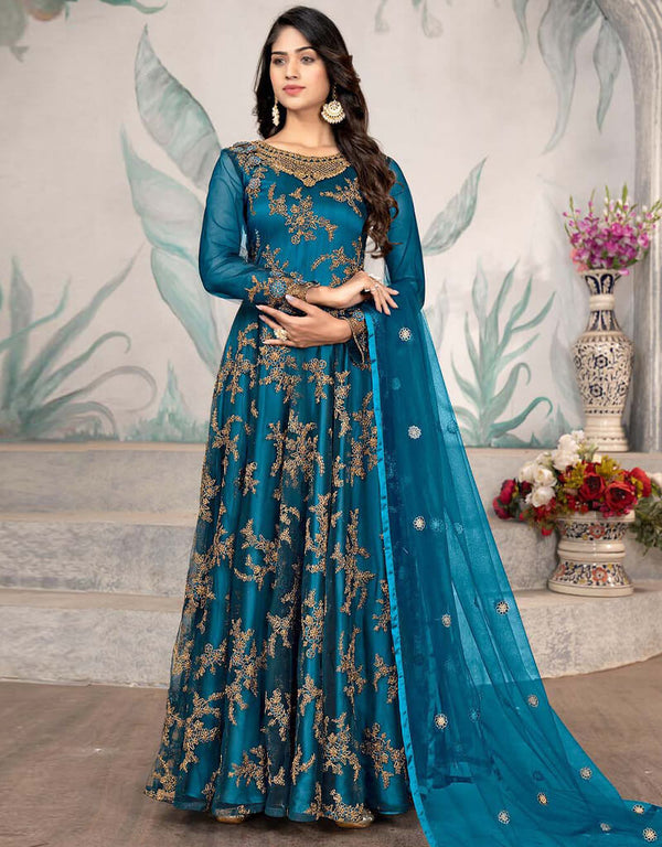 Deep Teal Pant style Anarkali Semi-Stitch Salwar Kameez in Embroidered, Beeds & Lace Work