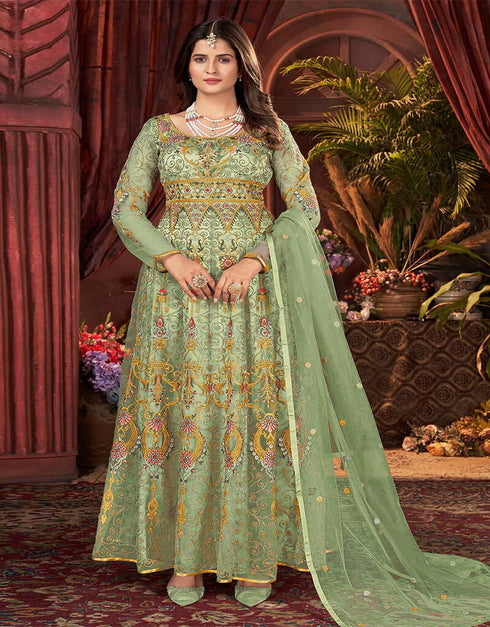 Greyish Green Pant style Anarkali Semi-Stitch Salwar Kameez in Cording Embroidery & Lace Work