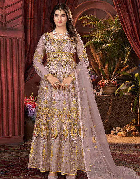 Brandy Rose Pant style Anarkali Semi-Stitch Salwar Kameez in Cording Embroidery & Lace Work