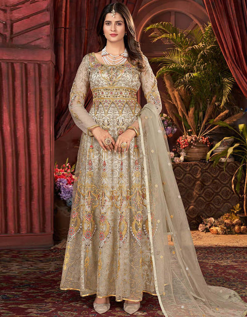 Dark Beige Pant style Anarkali Semi-Stitch Salwar Kameez in Cording Embroidery & Lace Work