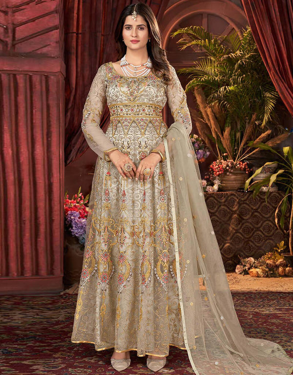 Dark Beige Pant style Anarkali Semi-Stitch Salwar Kameez in Cording Embroidery & Lace Work