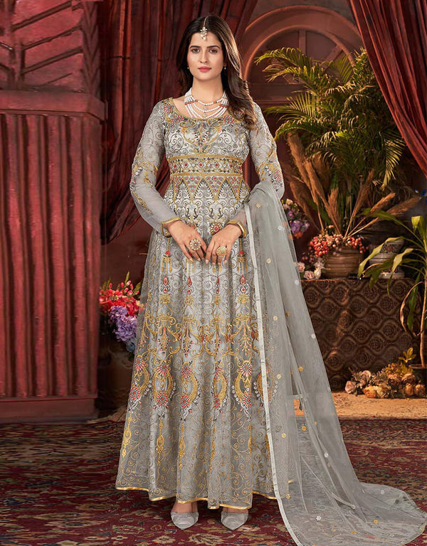 Dusty Grey Pant style Anarkali Semi-Stitch Salwar Kameez in Cording Embroidery & Lace Work