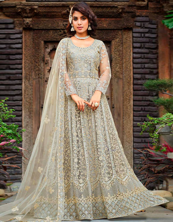 Ash Grey Pant style Anarkali Semi-Stitch Salwar Kameez in Embroidery, Daimonds, Real Mirror & Lace Work