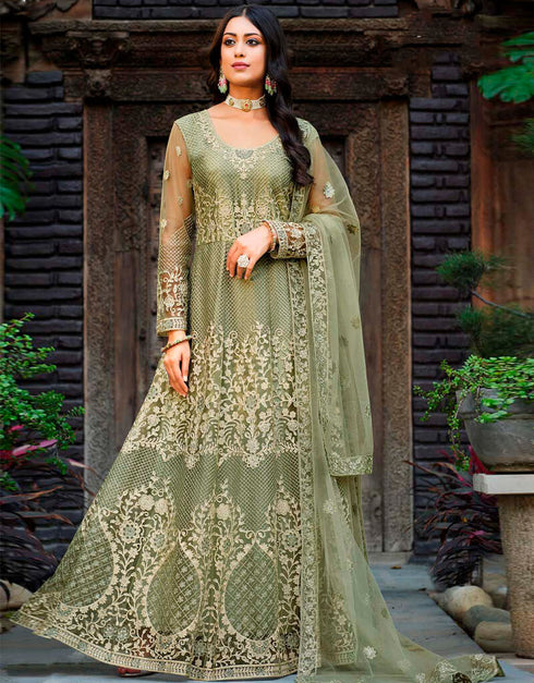 Olive Green Pant style Anarkali Semi-Stitch Salwar Kameez in Embroidery, Daimonds, Real Mirror & Lace Work