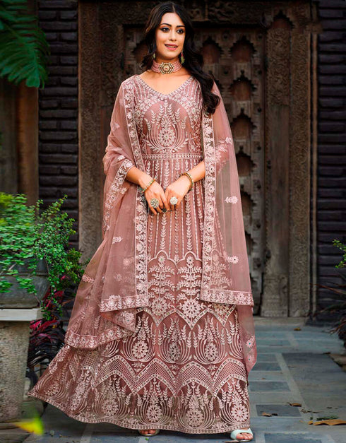 Dusty Pink Pant style Anarkali Semi-Stitch Salwar Kameez in Embroidery, Daimonds, Real Mirror & Lace Work