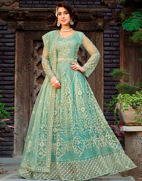Frog Green Pant style Anarkali Semi-Stitch Salwar Kameez in Embroidery, Daimonds, Real Mirror & Lace Work