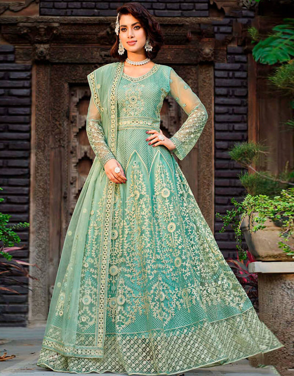 Frog Green Pant style Anarkali Semi-Stitch Salwar Kameez in Embroidery, Daimonds, Real Mirror & Lace Work