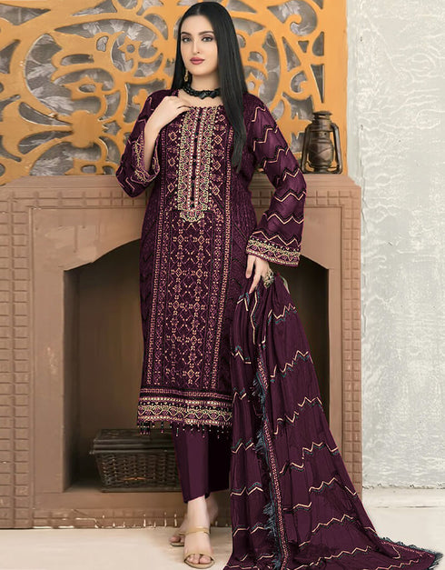 Wine Faux Georgette Pant Salwar Suit