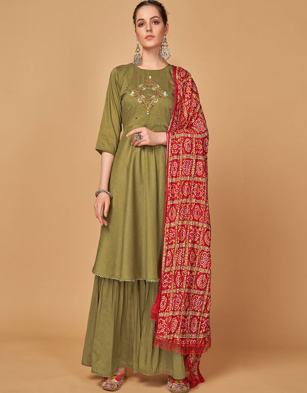 Lord Silk Mehendi Suit Suit Sharara Bottom