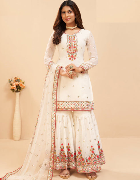 Cream Fox Georgette Sharara Salwar Suit