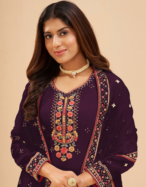 Wine Fox Georgette Sharara Salwar Suit Closure View