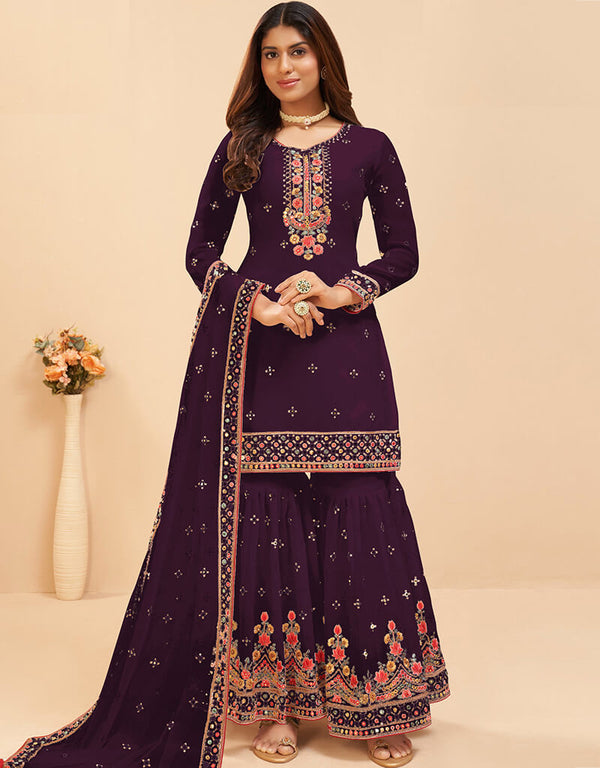 Wine Fox Georgette Sharara Salwar Suit