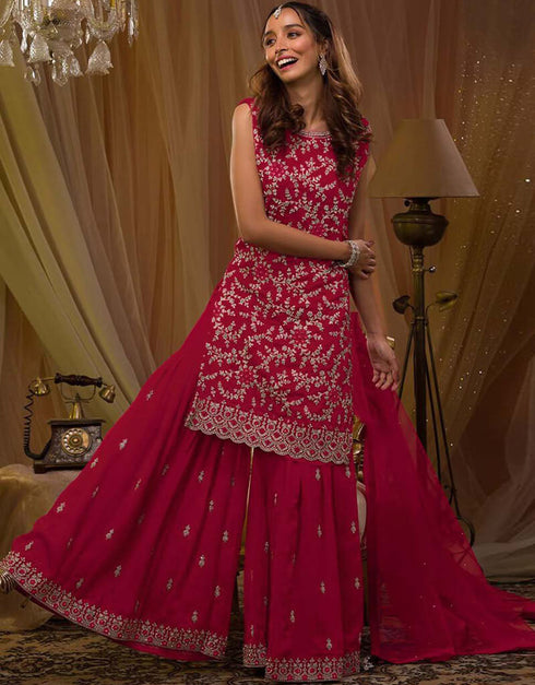 Wine Red Sharara style Salwar Suit Blooming Georgette Salwar Kameez in Cording Embroidery, Sequins & Lace Work