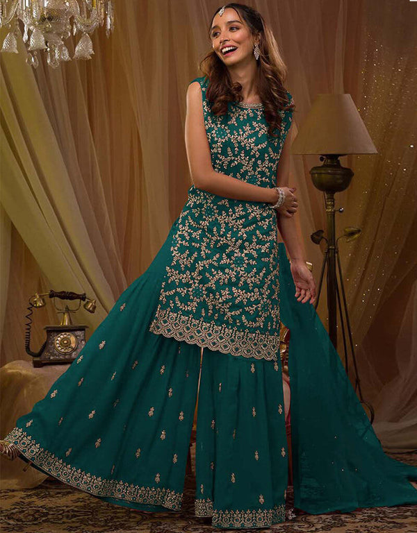 Bottle Green Sharara style Salwar Suit Blooming Georgette Salwar Kameez in Cording Embroidery, Sequins & Lace Work