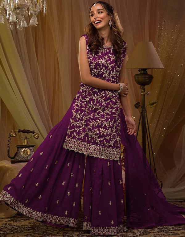 Grape Purple Sharara style Salwar Suit Blooming Georgette Salwar Kameez in Cording Embroidery, Sequins & Lace Work