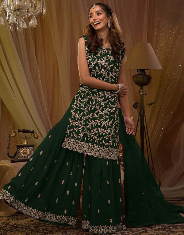 Palm Green Sharara style Salwar Suit Blooming Georgette Salwar Kameez in Cording Embroidery, Sequins & Lace Work
