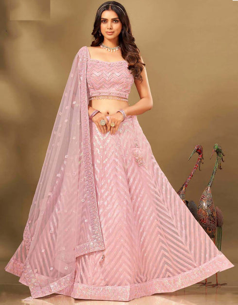 Tea Rose Lehenga style Suit Stitched Lehenga Choli Salwar Kameez in Sequins Embroidery, Daimonds, Cut-Dana & Lace Work
