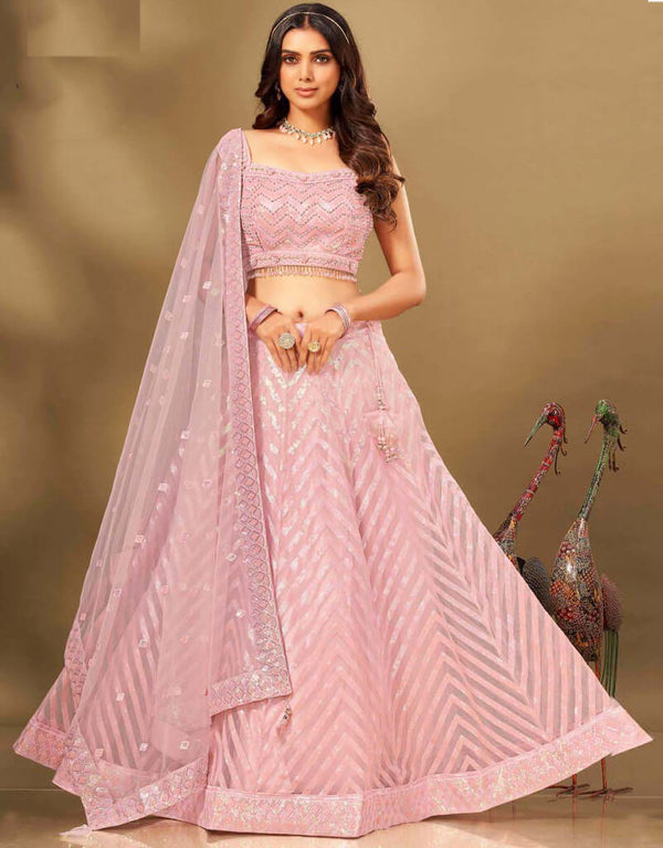Tea Rose Lehenga style Suit Stitched Lehenga Choli Salwar Kameez in Sequins Embroidery, Daimonds, Cut-Dana & Lace Work