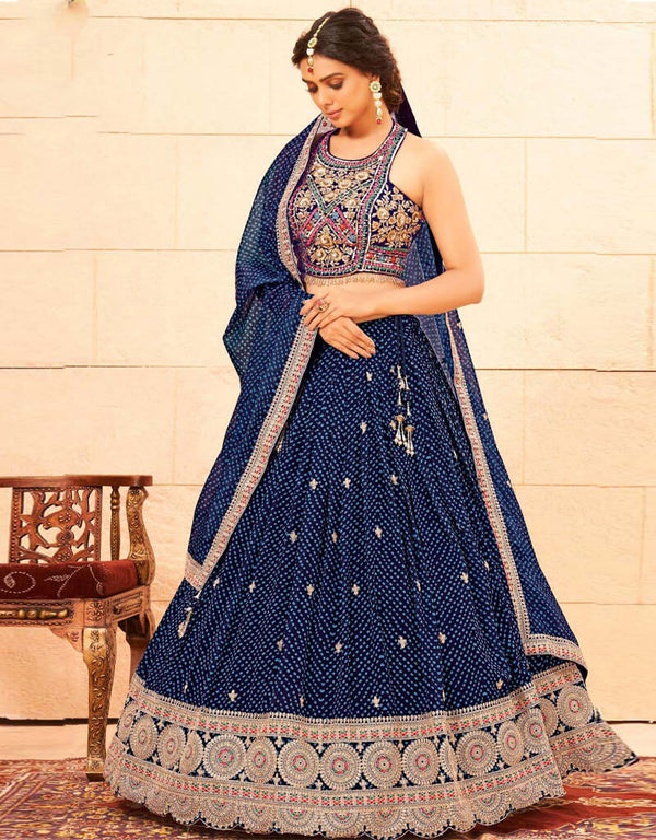 Dark Blue Lehenga style Suit Stitched Lehenga Choli Salwar Kameez in Sequins Embroidery, Daimonds, Mirror, Cut-Dana & Lace Work