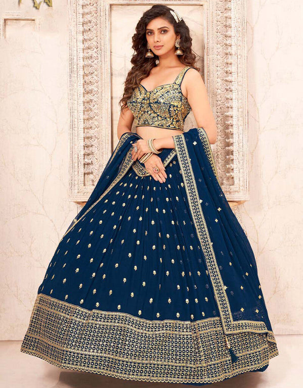 Prussian Blue Lehenga style Suit Stitched Lehenga Choli Salwar Kameez in Sequins Embroidery, Daimonds, Mirror, Cut-Dana & Lace Work