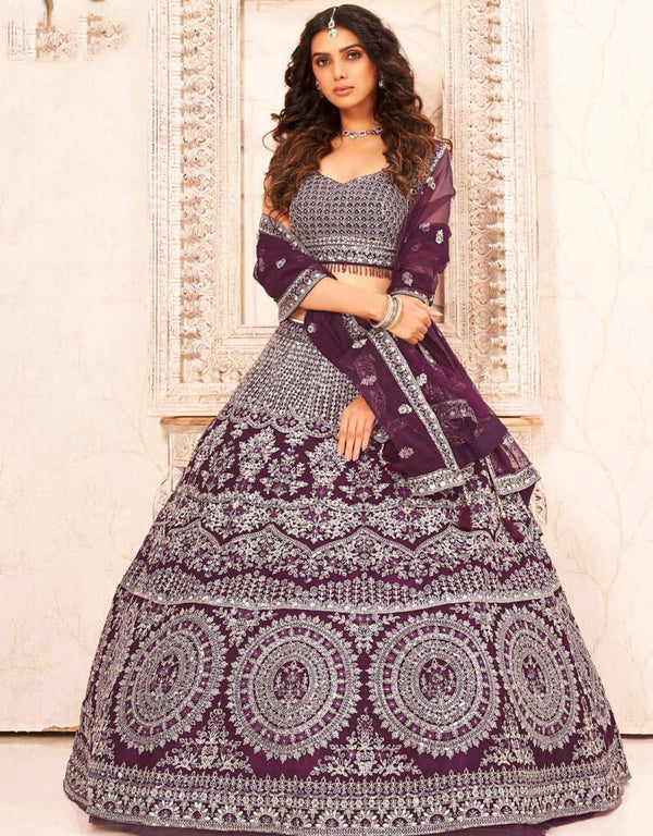 Wine Berry Lehenga style Suit Stitched Lehenga Choli Salwar Kameez in Sequins Embroidery, Mirror & Lace Work