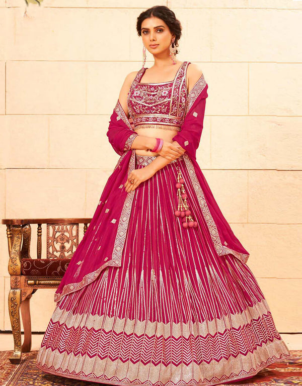 Brick Red Lehenga style Suit Stitched Lehenga Choli Salwar Kameez in Sequins Embroidery, Cut-Dana, Moti & Lace Work