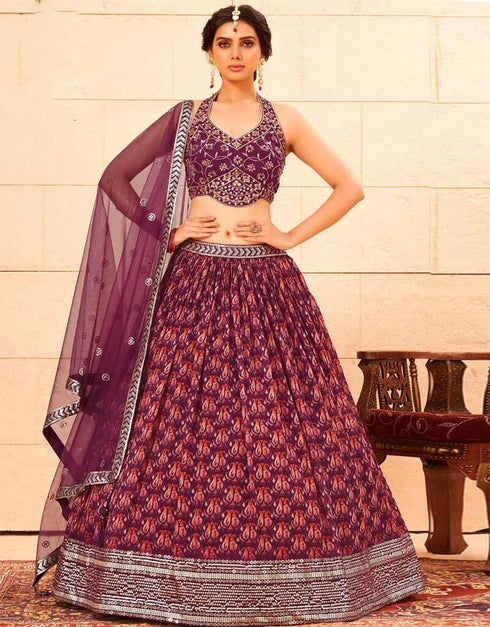 Wine Lehenga style Straight Stitched Lehenga Choli Salwar Kameez in Sequins Embroidery, Cut-Dana, Print & Lace Work
