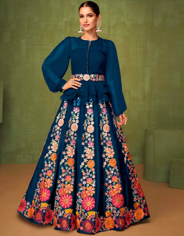 Prussian Blue Lehenga style Suit Semi-Stitch Salwar Kameez in Sequins Embroidery, Real Mirror & Lace Work