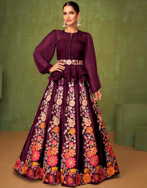 Wine Berry Lehenga style Suit Semi-Stitch Salwar Kameez in Sequins Embroidery, Real Mirror & Lace Work